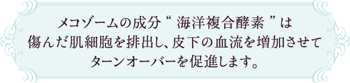 メコゾームの成分”海洋複合酵素”は傷んだ肌細胞を排出し、皮下の血流を増加させてターンオーバーを促進します。